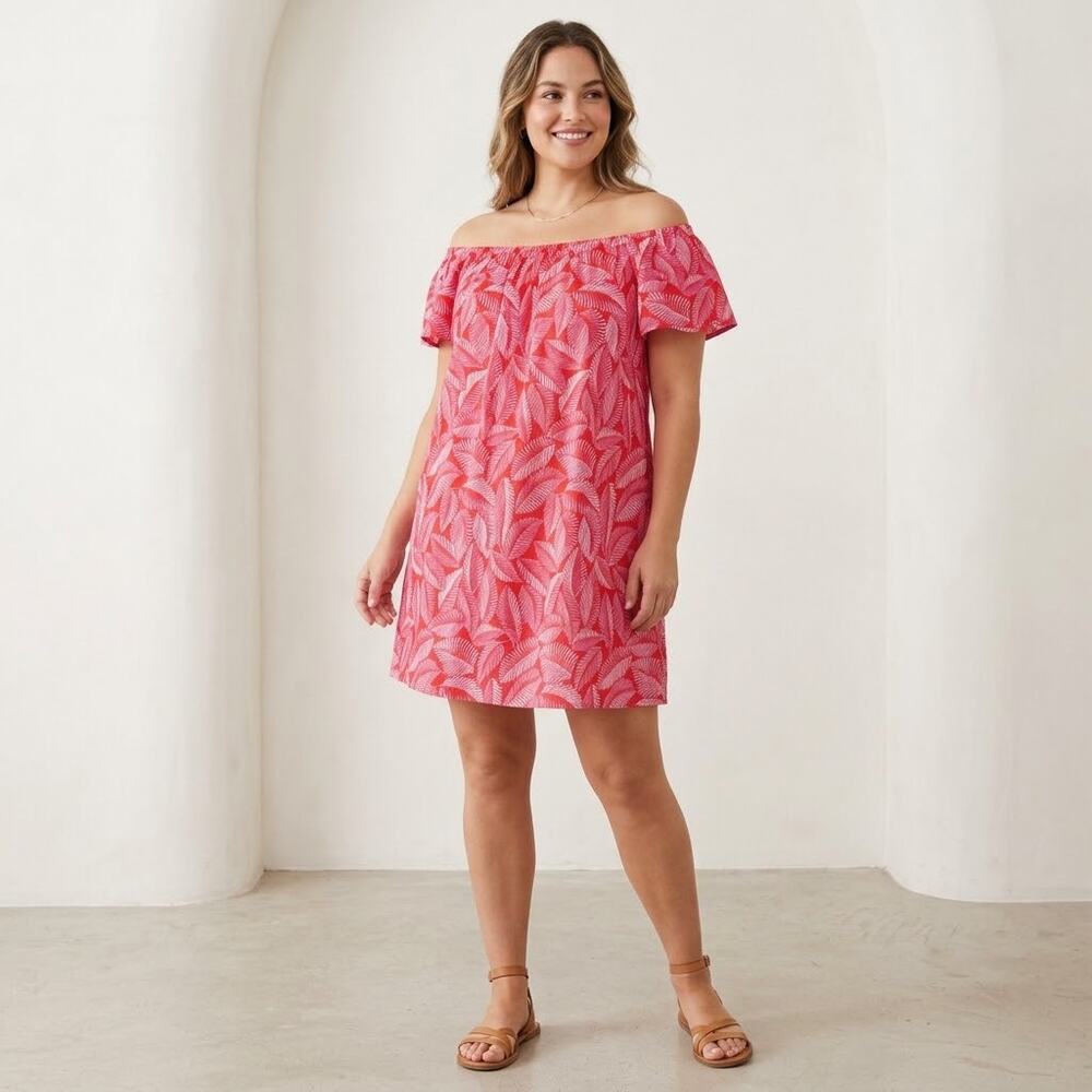 Merona XL Red Pink Leaf Print On Off Shoulder Flutter Sleeve Dress EUC